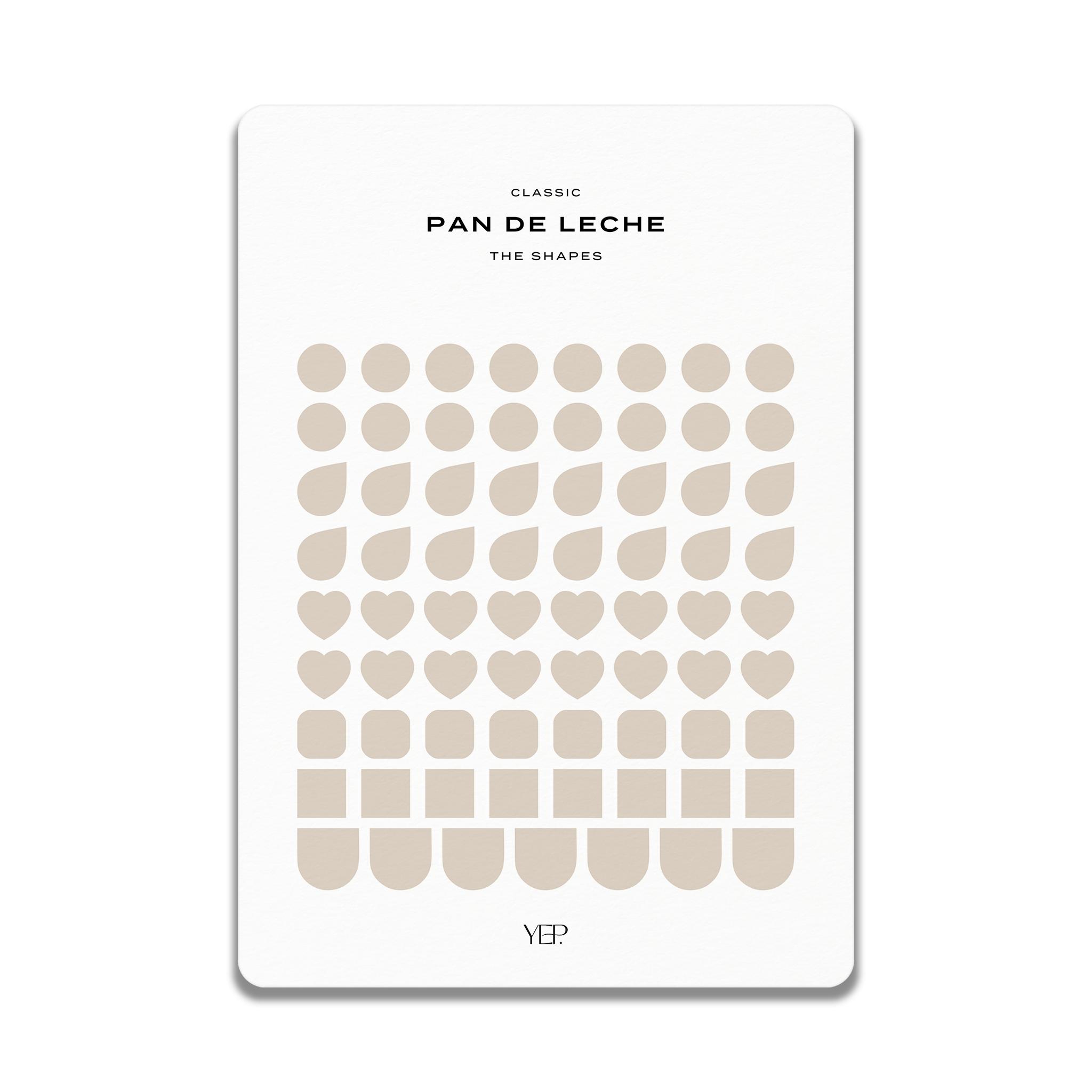 The image is a minimalist design featuring a grid of circles and ovals in various shades of beige, arranged in a classic layout.