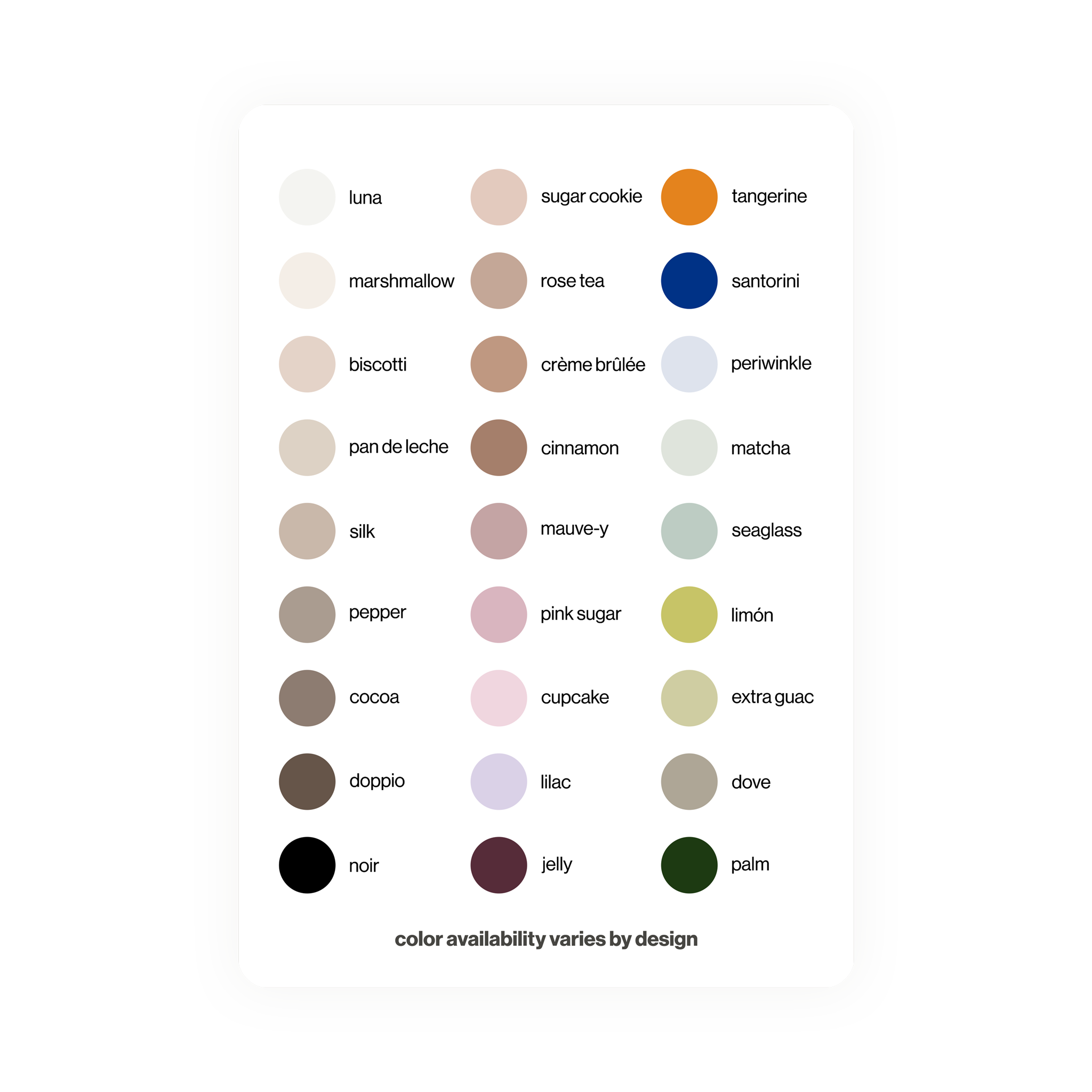 a color palette for various desserts, including sugar cookies, tangerines, marshmallows, and more.