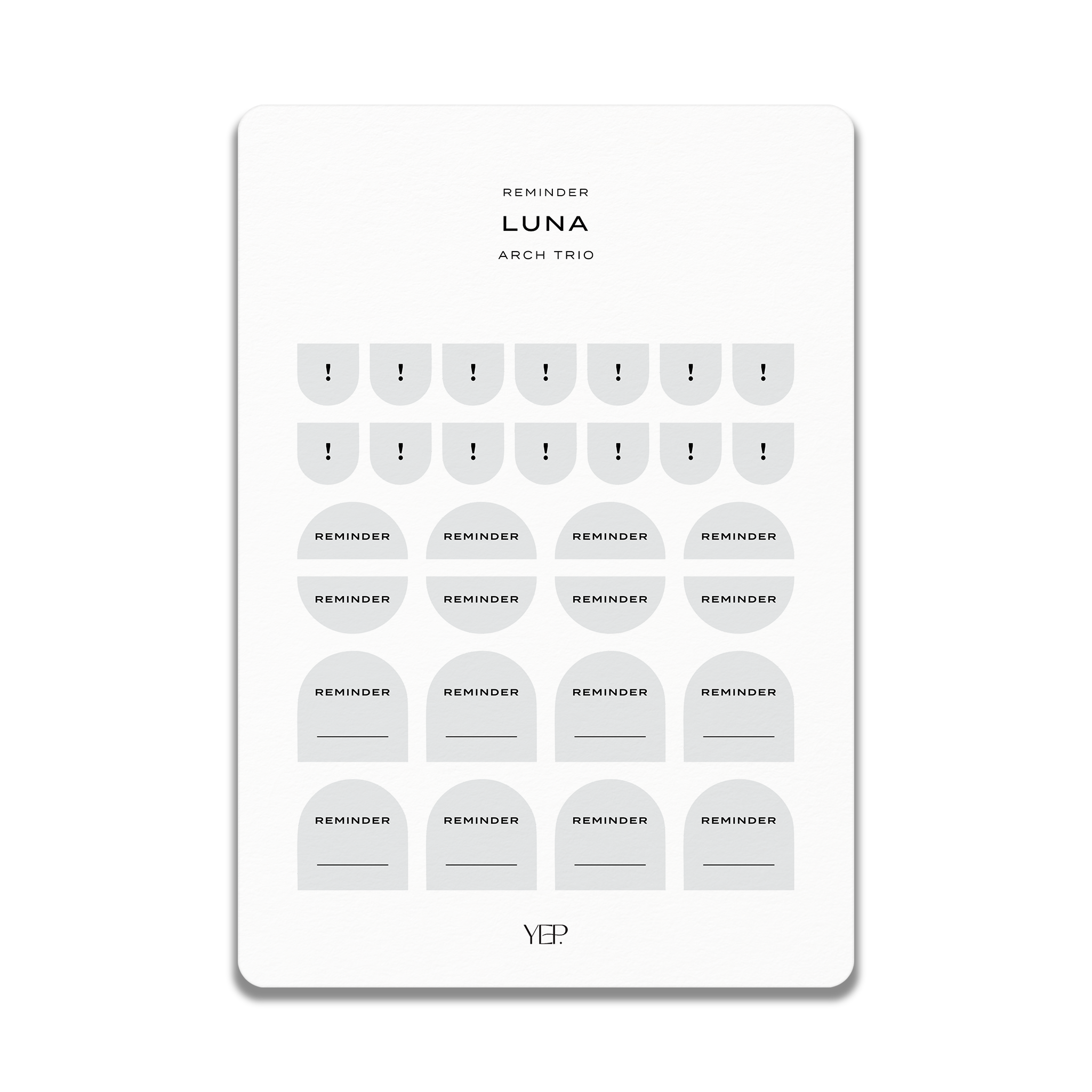 a series of gray circles with exclamation marks, arranged in rows and columns. The text "REMINDER" is written above each circle, and the text "LUNA" is written below each circle. The image does not contain any text that is longer than 500 characters.