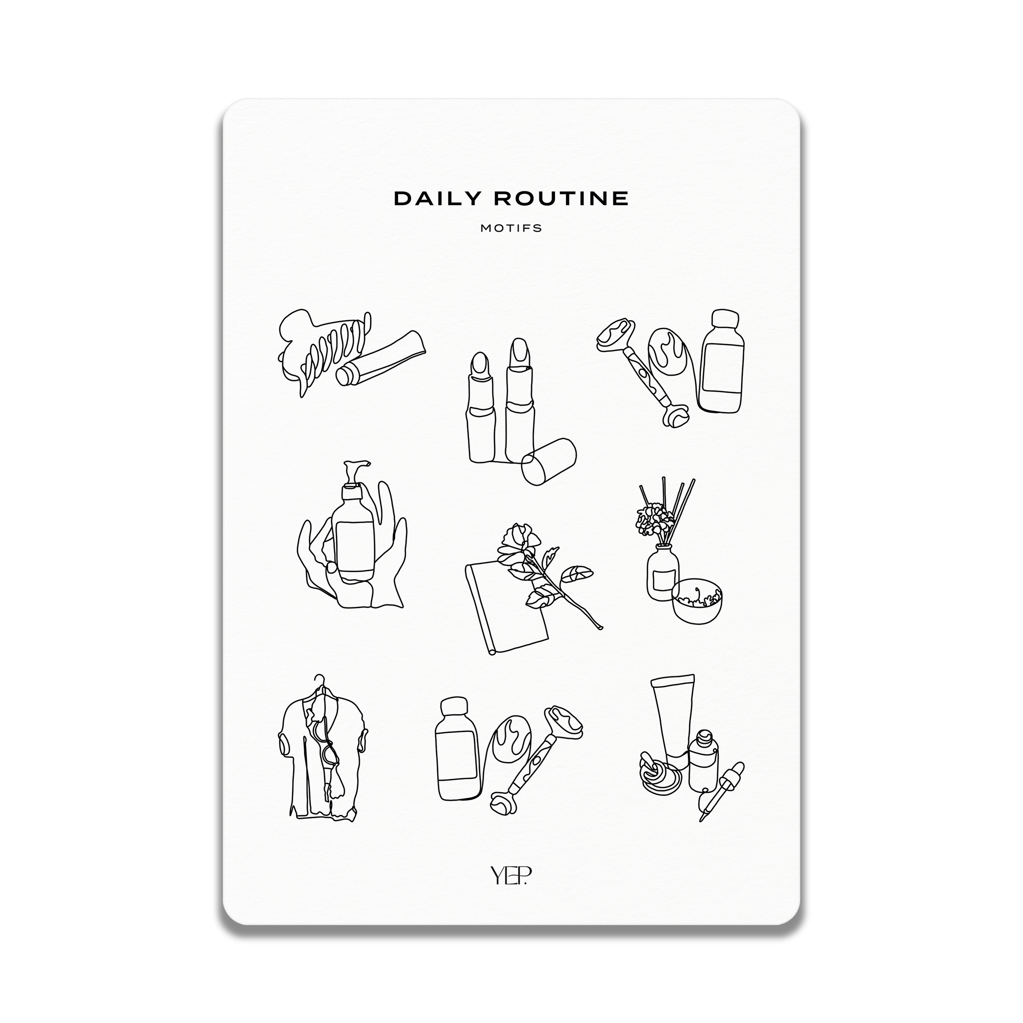 The image is a daily routine notes page with various icons and illustrations representing different beauty and skincare products, such as makeup, skincare items, and hair care products.