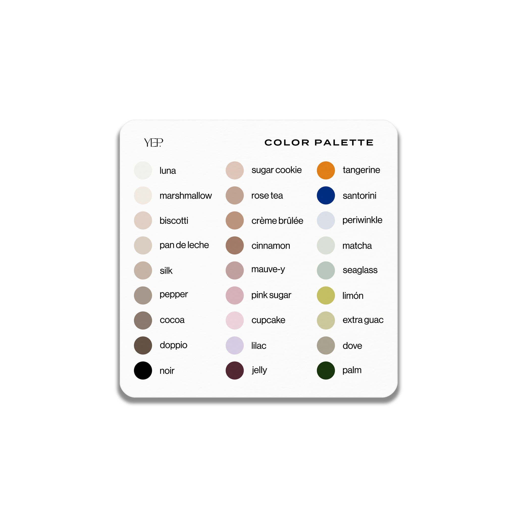 The image is a color palette that includes various shades of colors, such as lavender, sugar cookie, tangerine, and more.