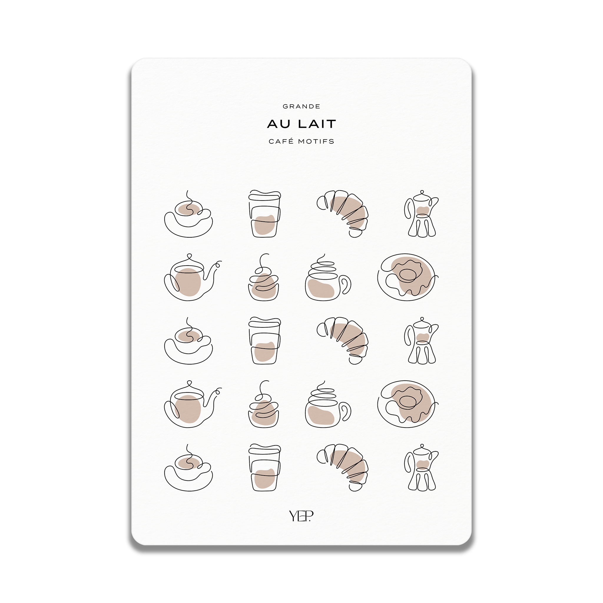 a collection of simple line drawings depicting various coffee-related items, such as cups, teapots, and pastries.