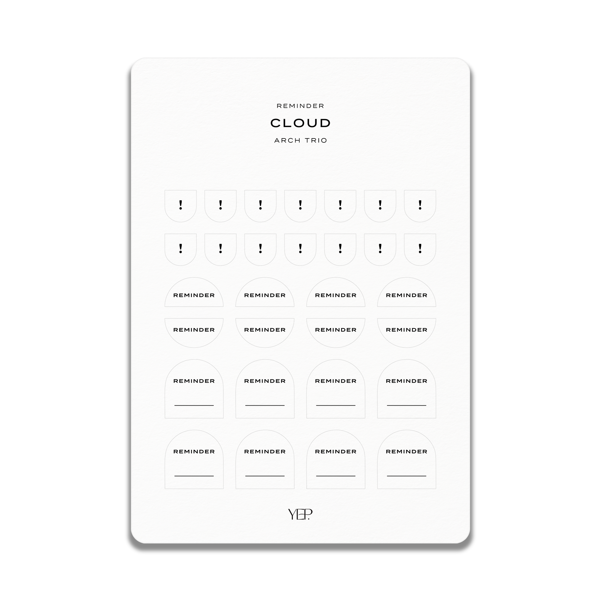 The image is a reminder app with a cloud-themed design. It features a grid of circles with exclamation marks, and the app is labeled "CLOUD ARCH TRIO".