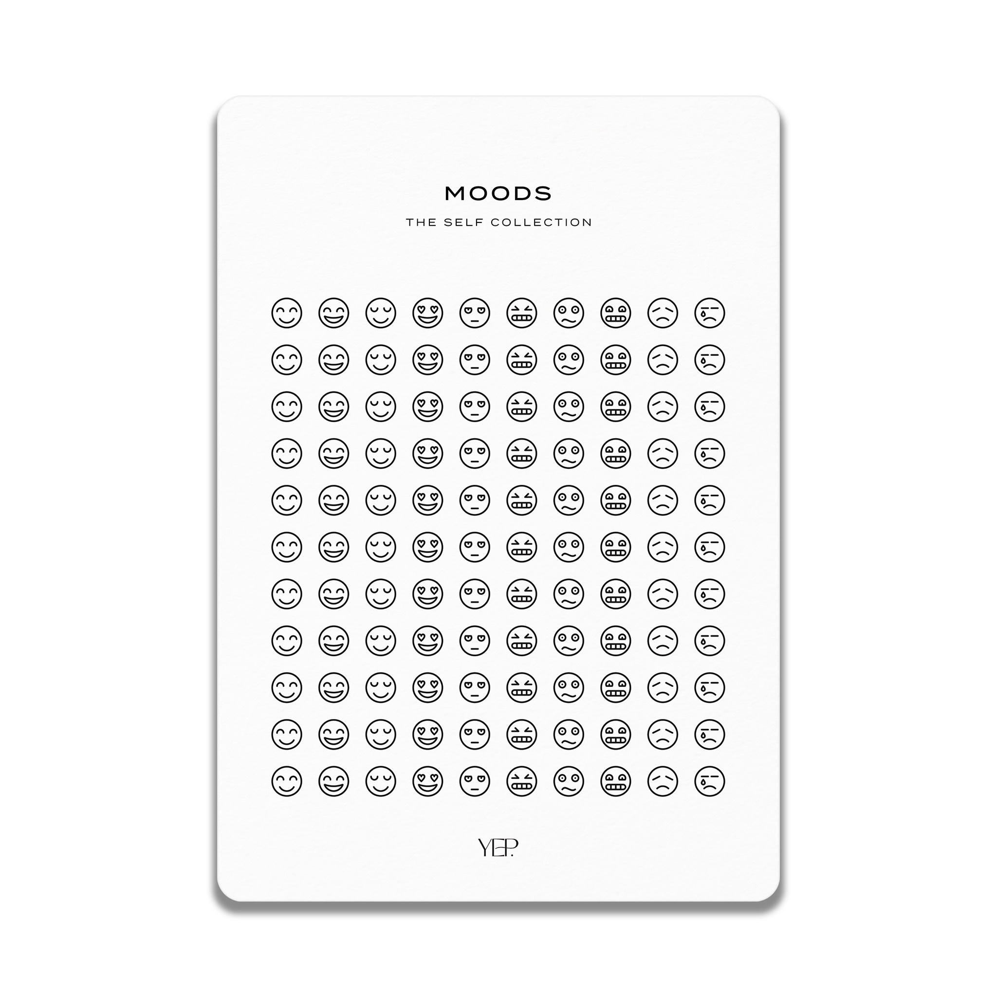 The image is a collection of simple black and white line drawings of smiling faces arranged in a grid pattern.