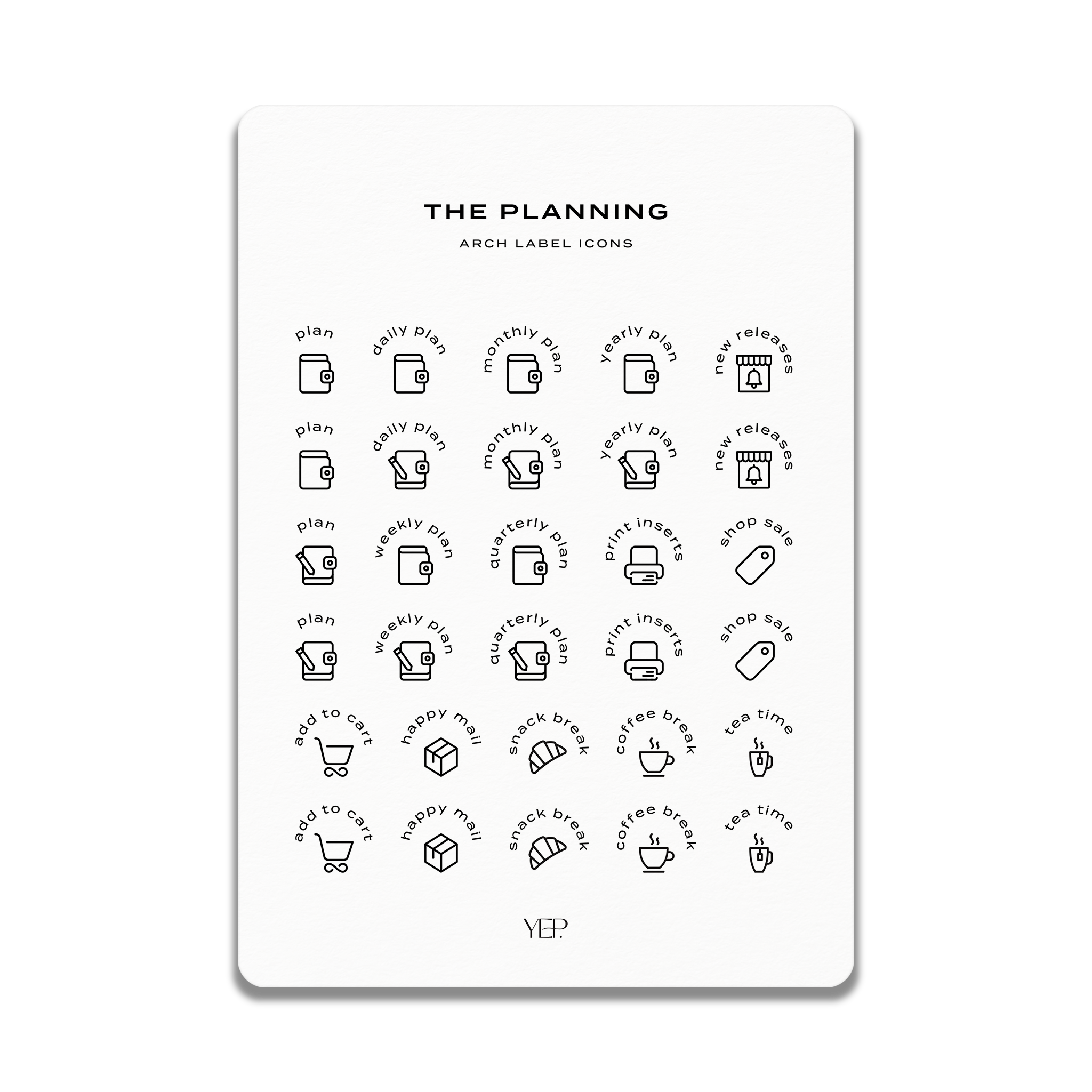 a collection of icons representing various planning and organization tools and concepts, such as plans, daily plans, monthly plans, new releases, and more.