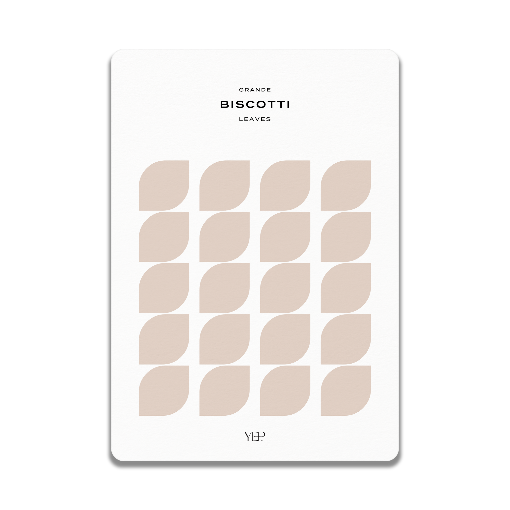 The image is a minimalist design featuring a grid of beige leaf-like shapes arranged in a repeating pattern.