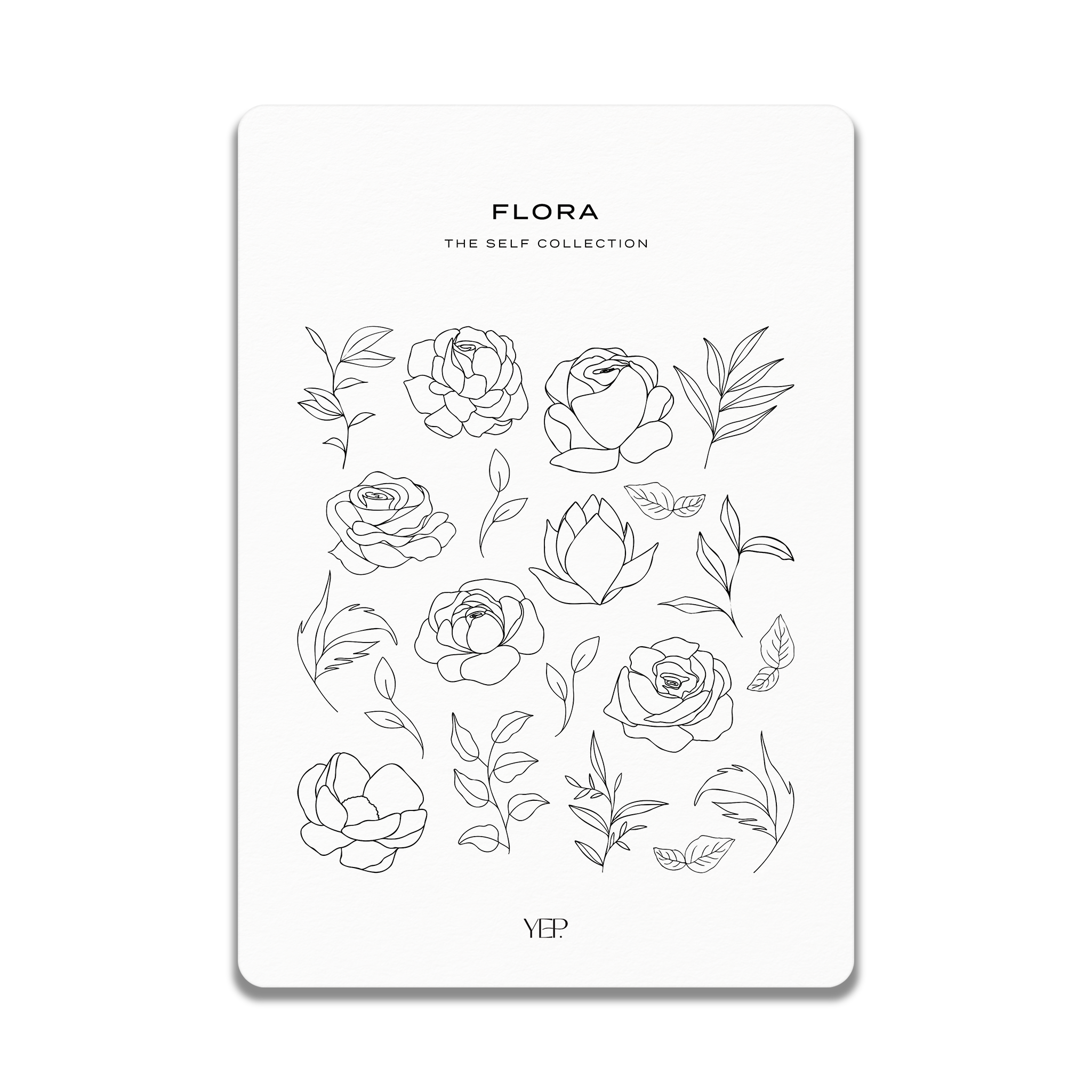 The image is a collection of various floral and botanical illustrations, including roses, leaves, and other plant elements, presented in a minimalist, monochromatic style.