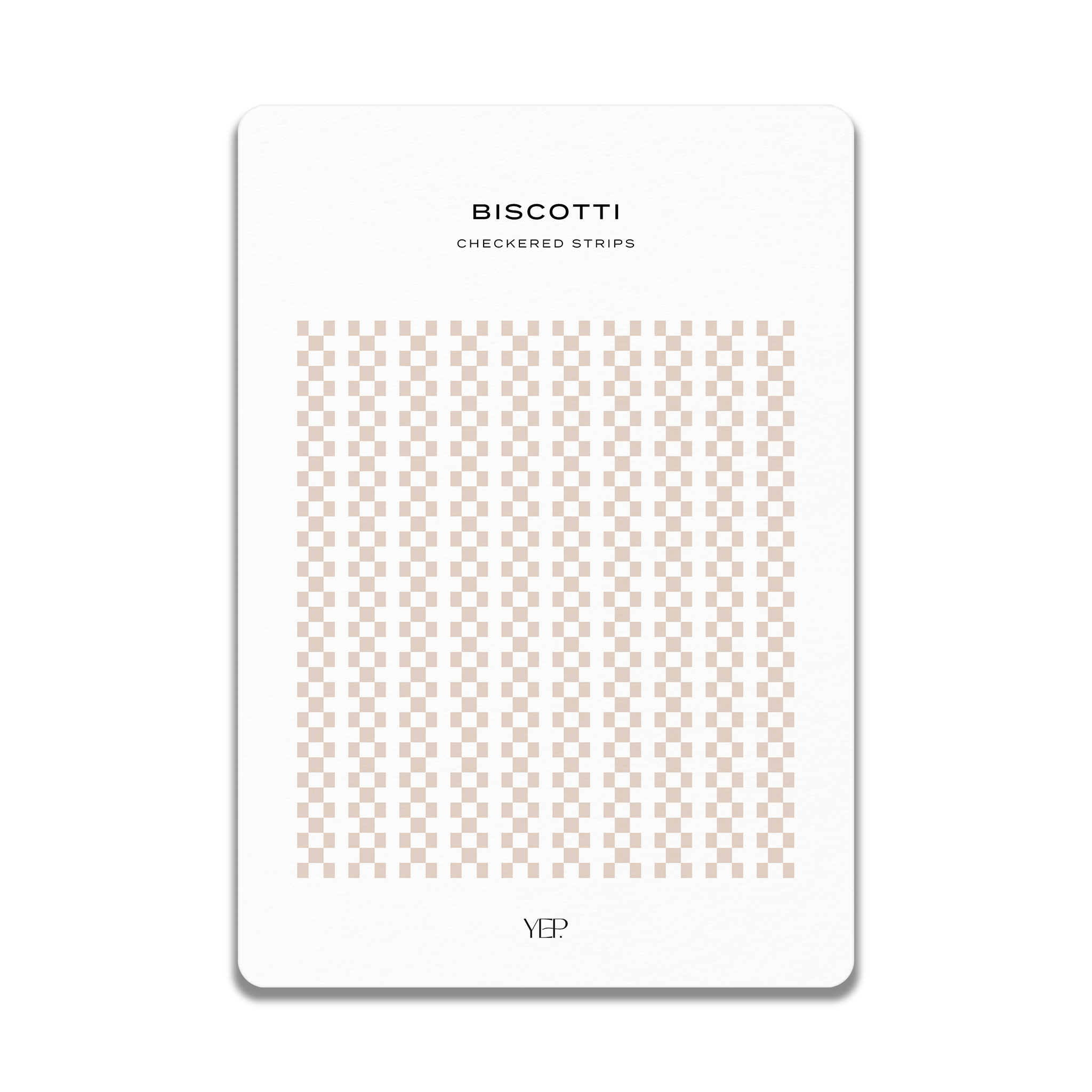 The image is a white rectangular card with a repeating pattern of small squares in various shades of brown and beige. The card has a black border and the word "BISCOTTI" printed on it.