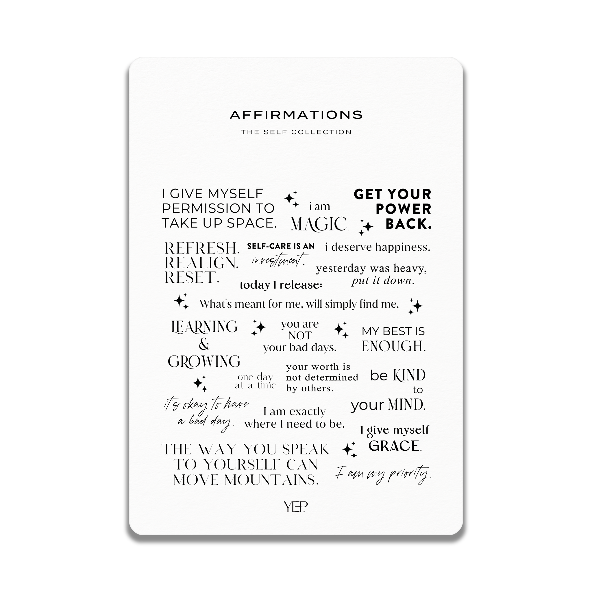 a collection of inspirational and uplifting quotes and phrases, including personal affirmations and self-care messages, presented in a visually appealing and organized manner.