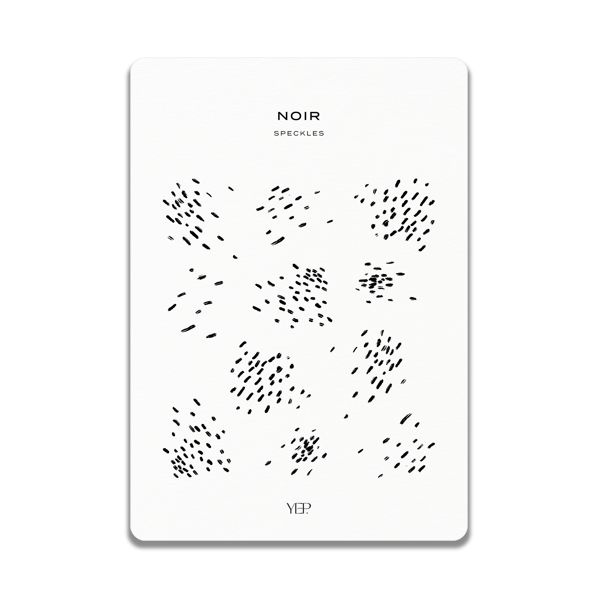 The image is a minimalist design featuring a grid of black dots arranged in a repeating pattern. The text "NOIR SPECKLES" is prominently displayed above the grid, indicating the subject matter of the design.