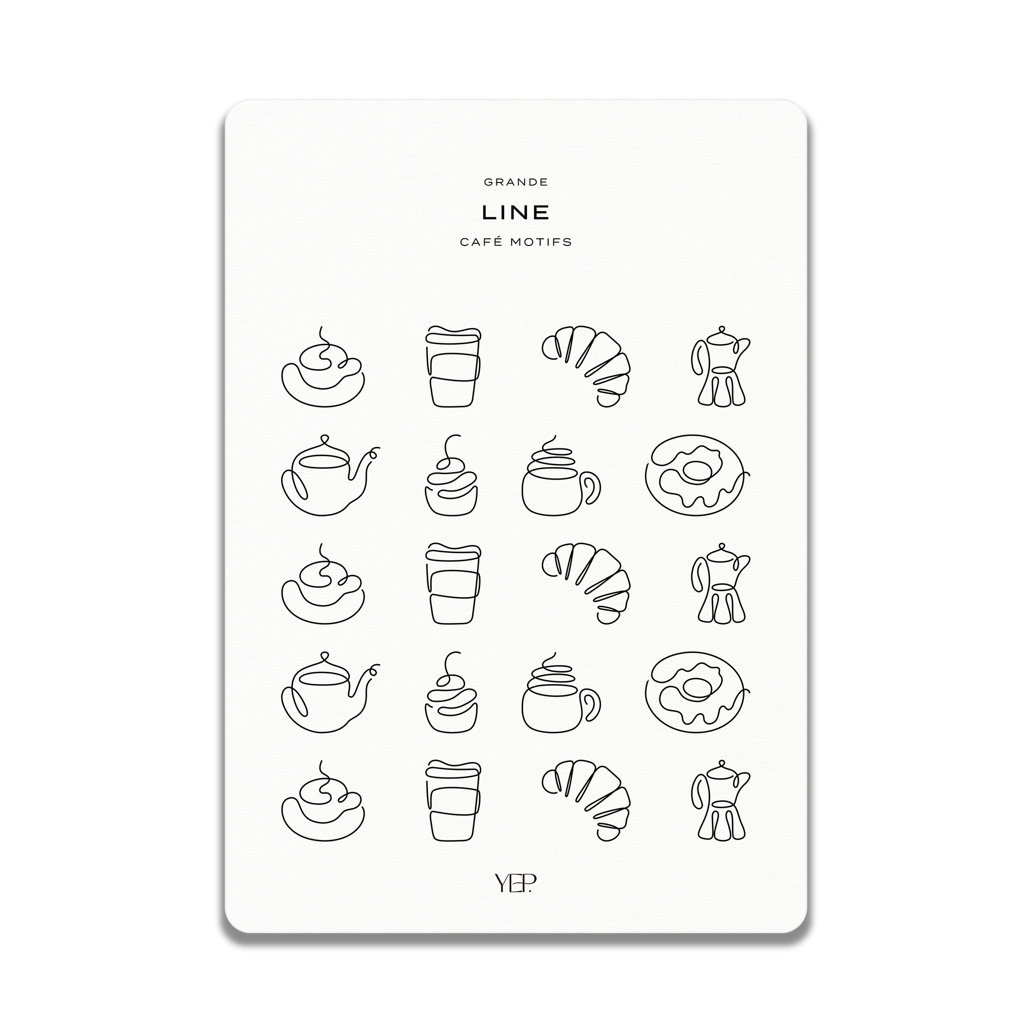 a collection of simple line drawings depicting various coffee-related items, such as cups, teapots, and pastries.