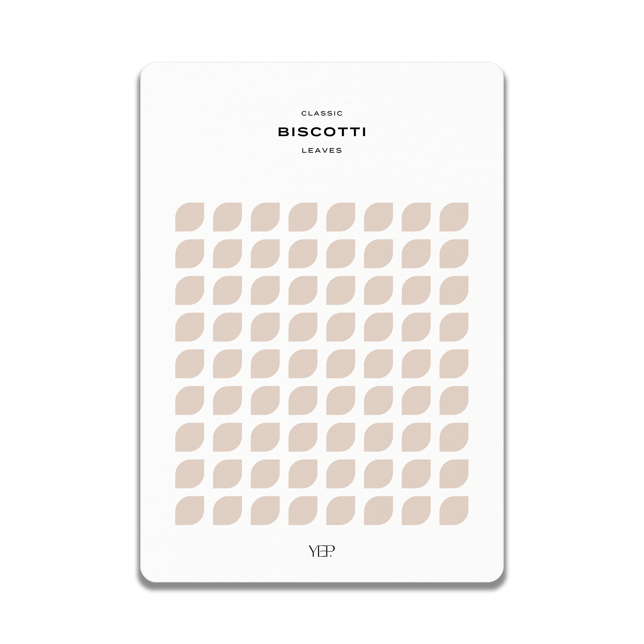 The image is a minimalist design featuring a repeating pattern of beige leaves arranged in a grid-like pattern.