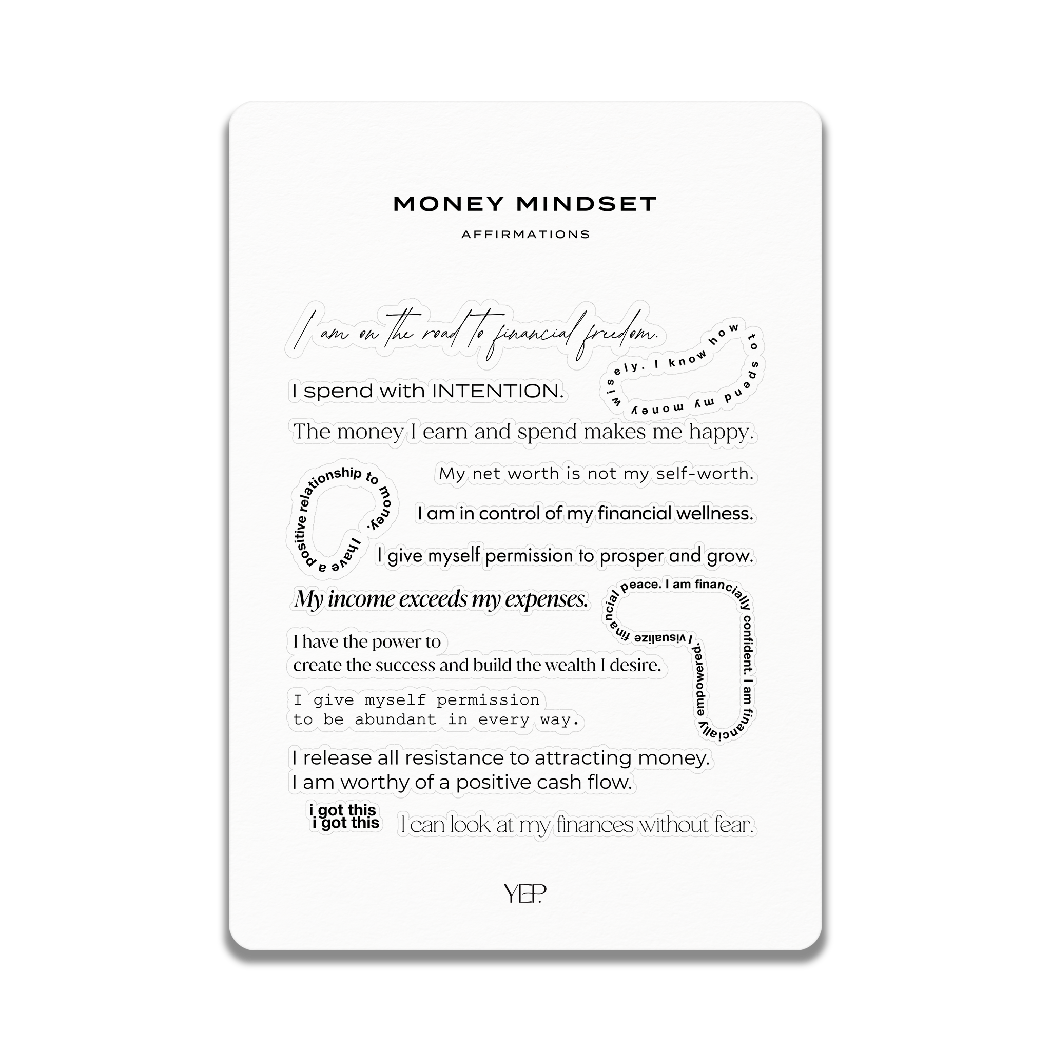 a list of inspirational phrases and statements about money and financial freedom, accompanied by various shapes and symbols. The phrases include concepts such as financial freedom, spending with intention, net worth, financial wellness, giving oneself permission to prosper and grow, and the power to create wealth. The image does not contain any text that can be described in more than one sentence, and it does not include any specific details about the content or context of the phrases.