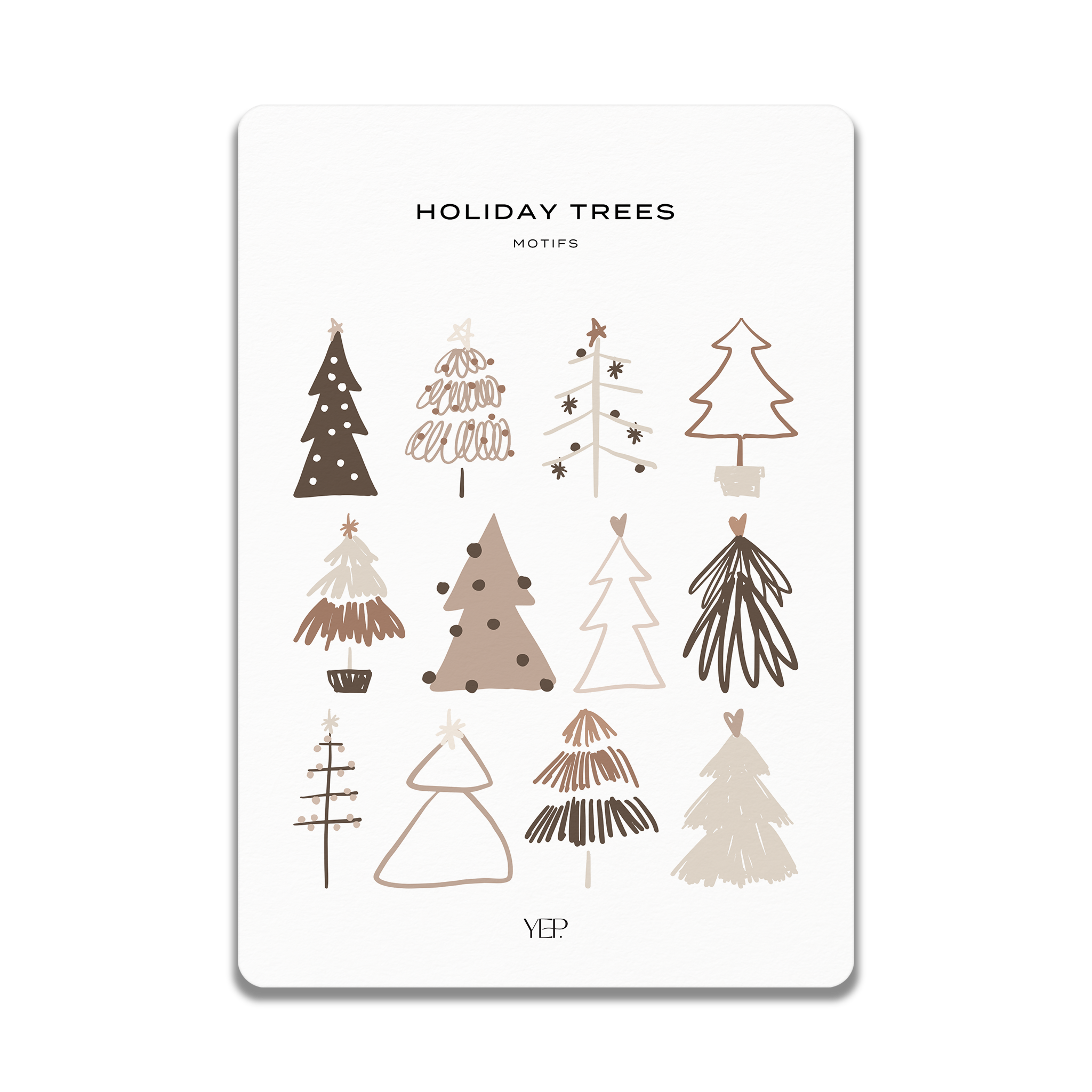 The image is a collection of stylized Christmas trees in various shapes and sizes, arranged in a grid-like pattern.