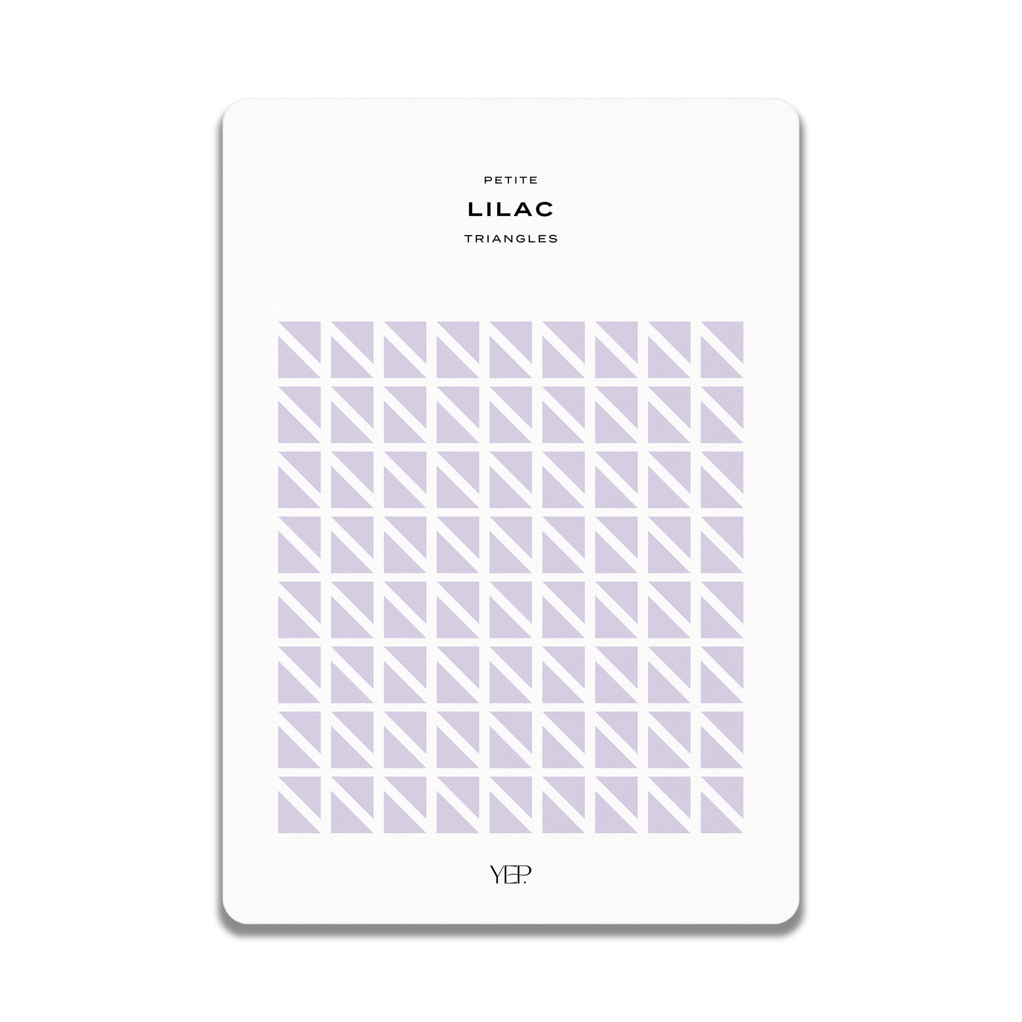 The image is a minimalist design featuring a repeating pattern of purple triangles on a white background.