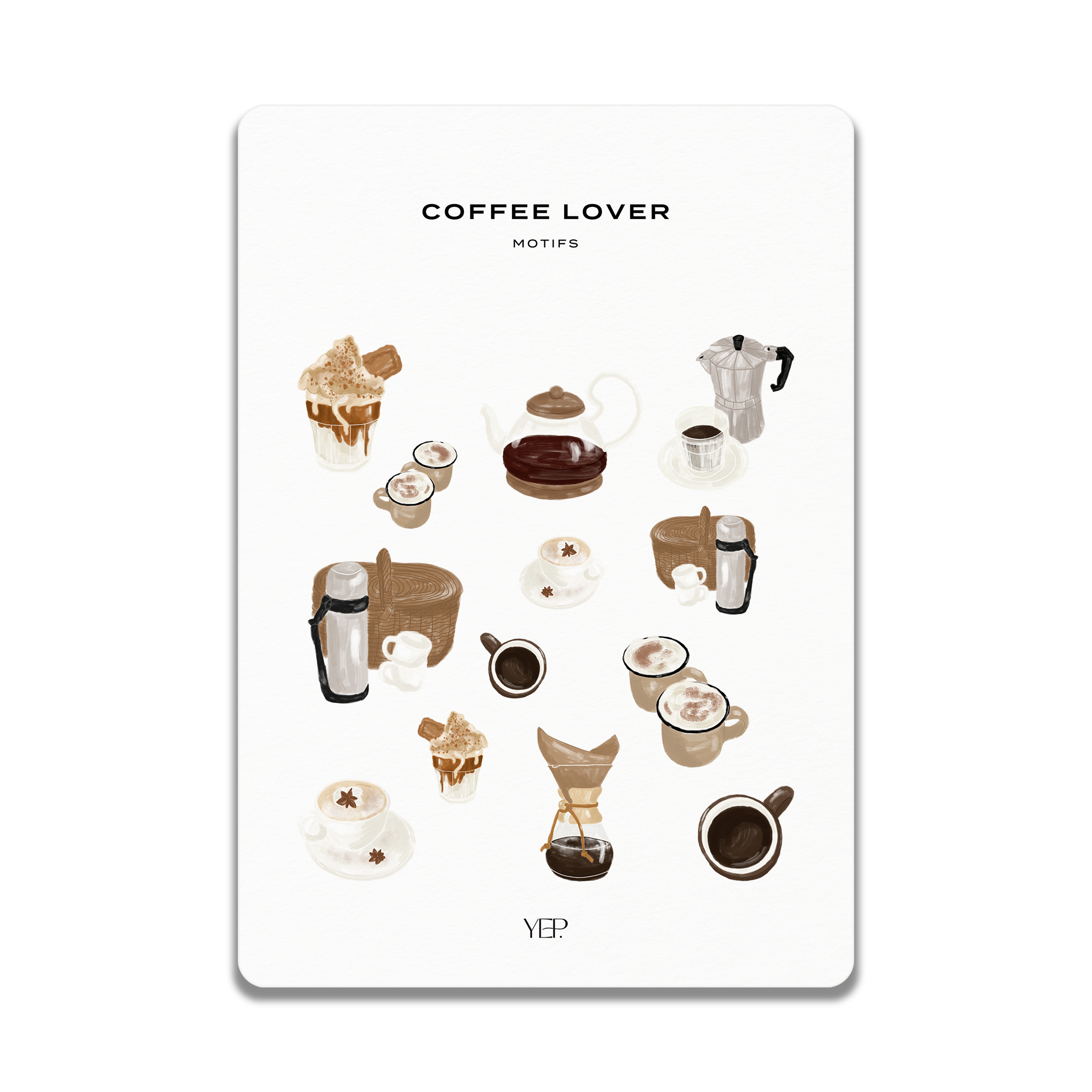 The image is a collage of various coffee-related items, including coffee cups, mugs, teapots, and other coffee-related accessories.