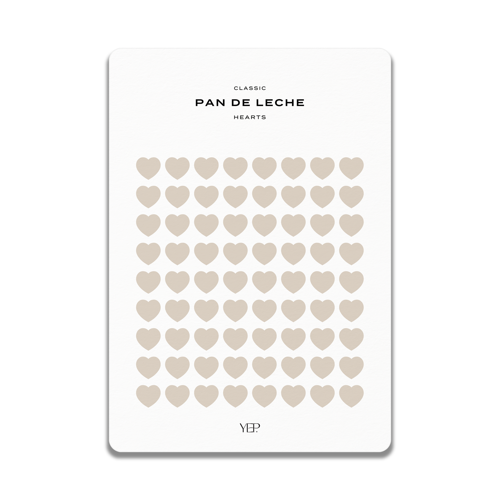 The image is a minimalist design featuring a grid of beige hearts arranged in a repeating pattern.