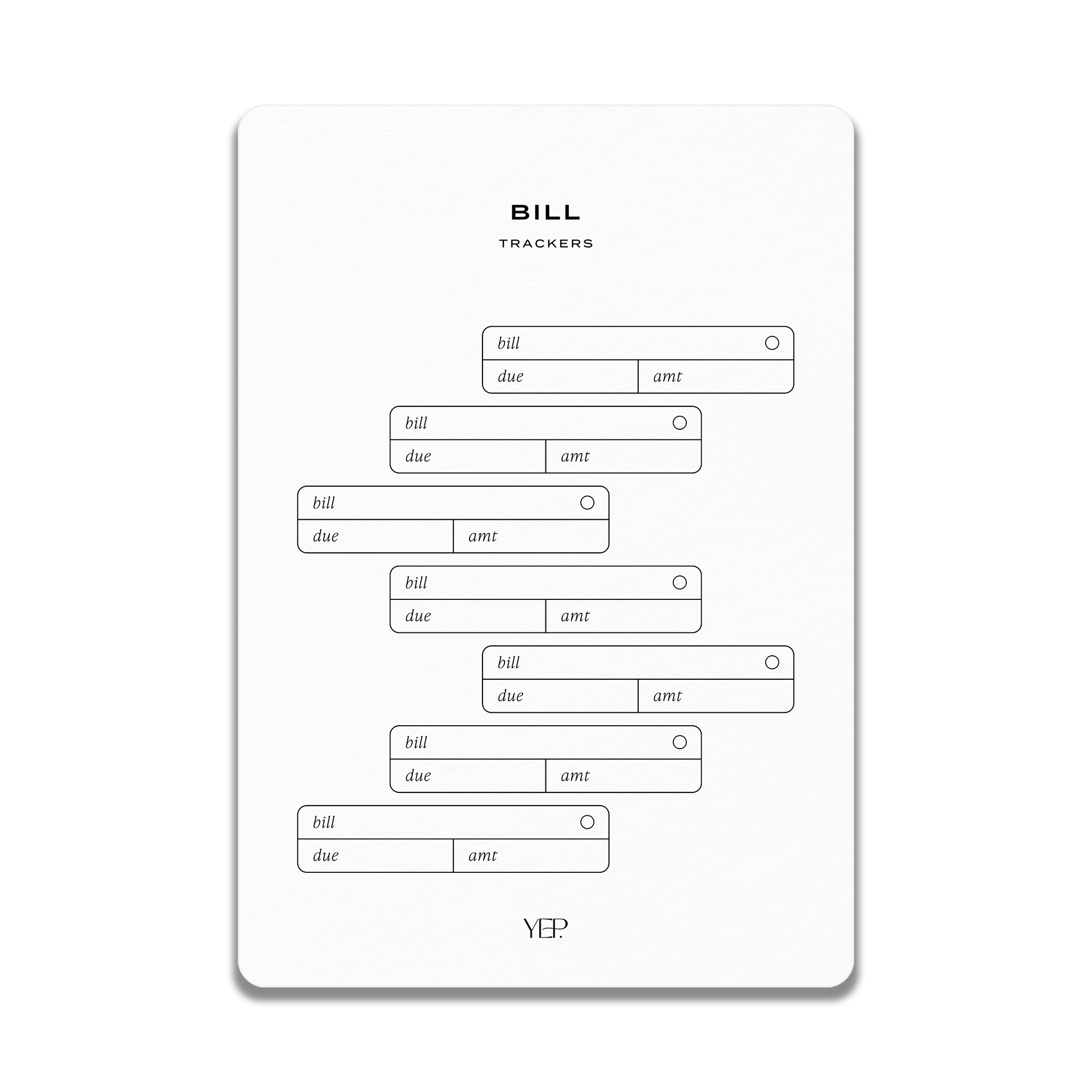 The image is a black and white photo of a piece of paper with a list of words and symbols, including the word "BILL" and the word "TRACKERS".
