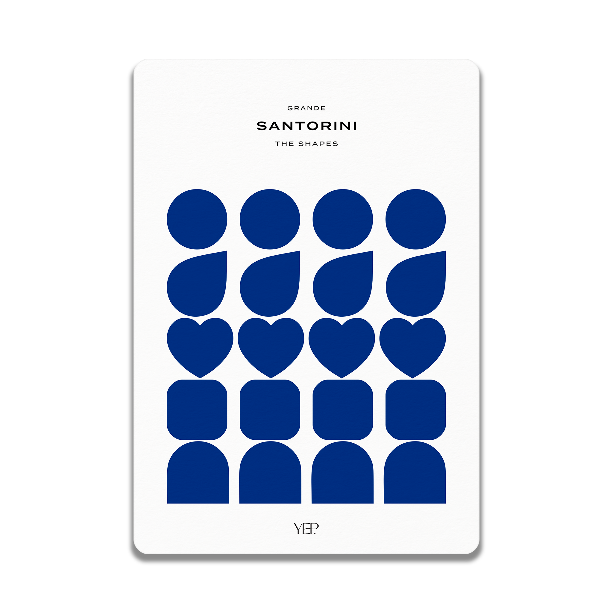The image is a minimalist poster featuring a grid of blue geometric shapes, including circles, ovals, and triangles, arranged in a visually appealing pattern.