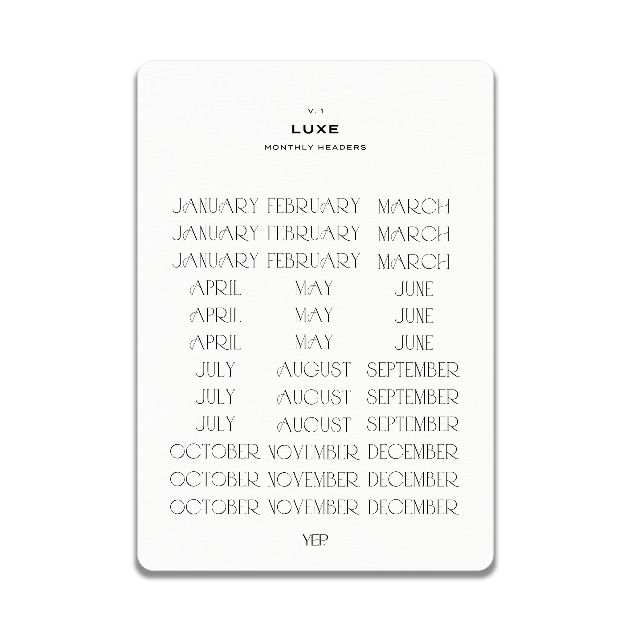 a list of months from January to December, with each month represented by a separate line of text. The text is in a sans-serif font and is arranged in a column format. The text is not too long, as it is described to be "less than 500 characters" and "v.1 LESS THAN 500 characters".