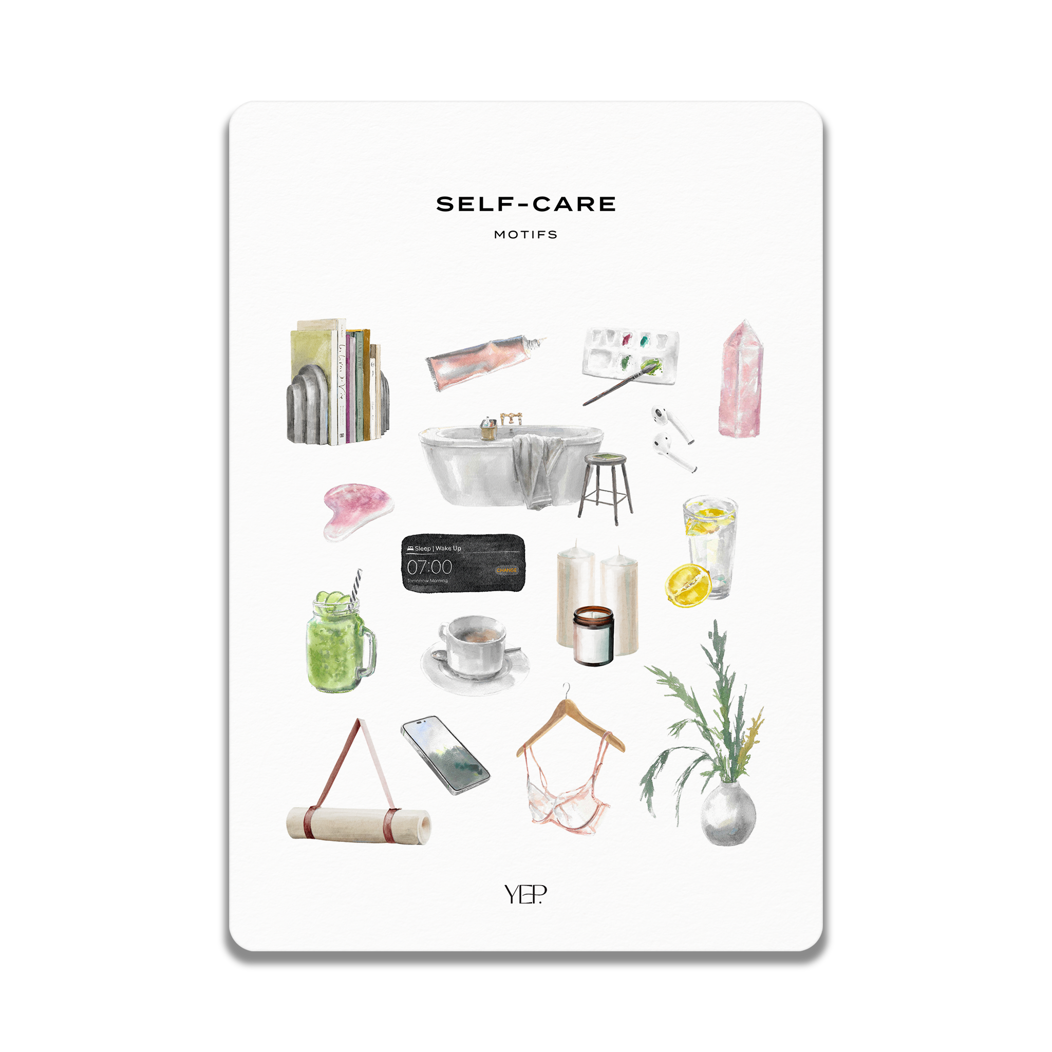 The image is a collection of various objects and items, including books, a vase, a cup, a candle, a phone, a plant, and a yoga mat, all arranged in a visually appealing manner.