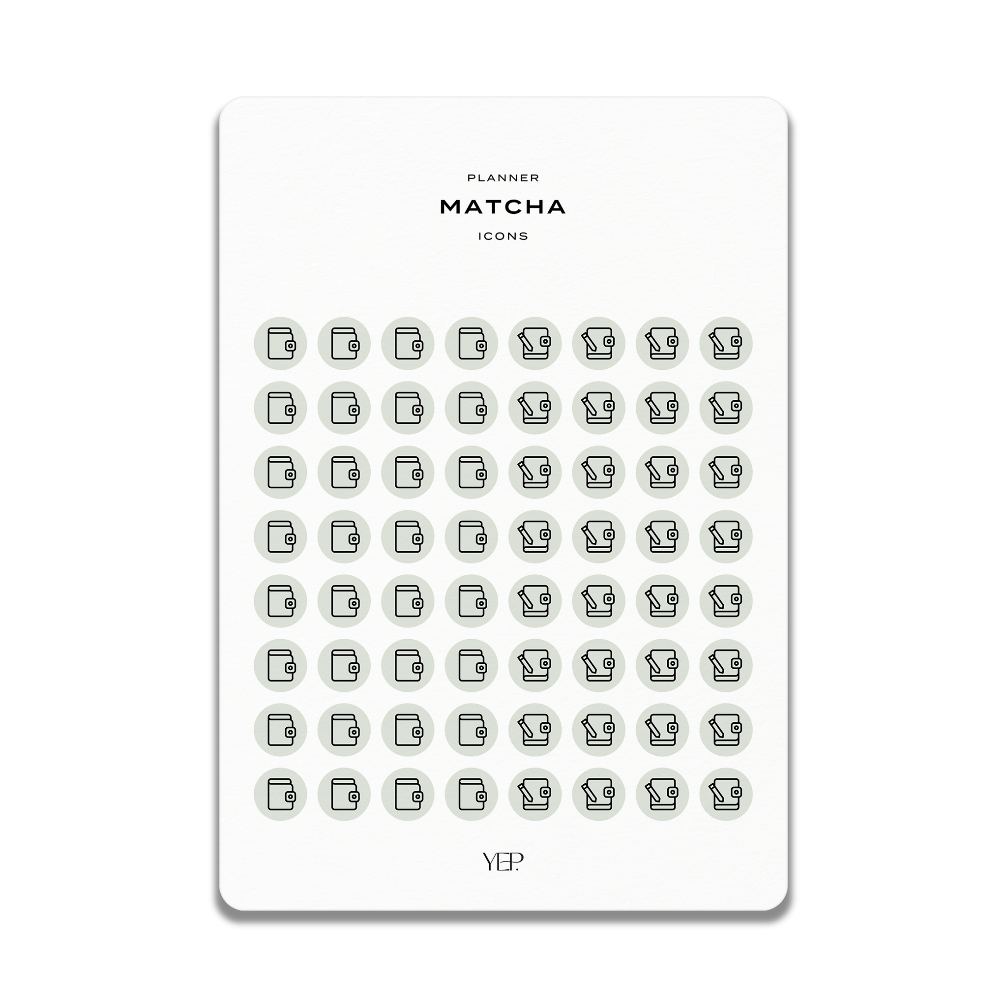 The image is a collection of icons, specifically a "Planner Matcha" icon set, arranged in a grid format.