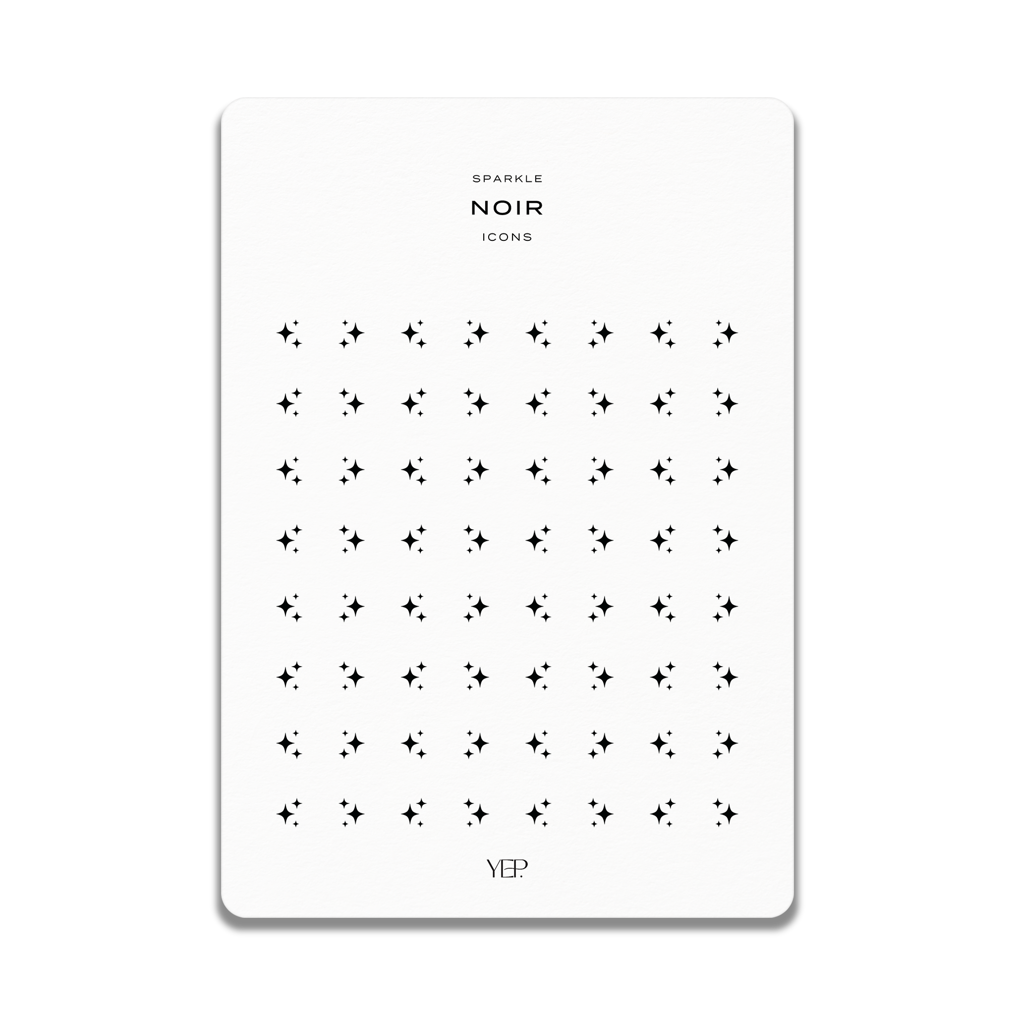 The image is a minimalist design featuring a grid of small black dots arranged in a repeating pattern. The text "SPARKLE NOIR ICONS" is displayed in the top center of the image, and the word "YEP" is located at the bottom center.