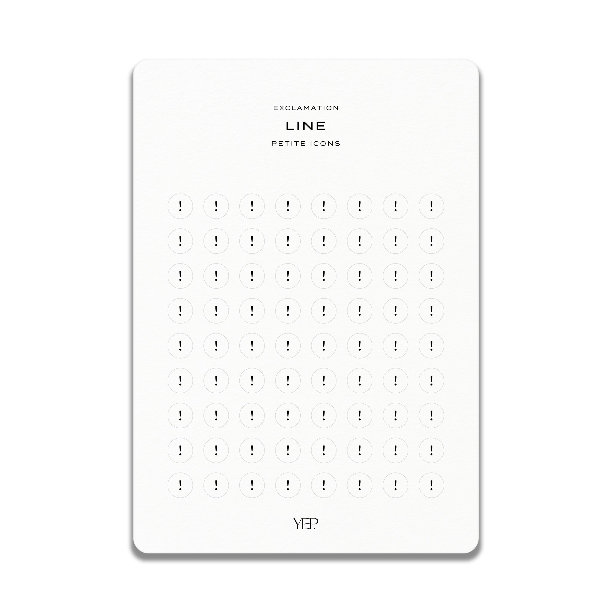 The image is a minimalist design featuring a grid of circles with exclamation marks, and the text "EXCLAMATION LINE PETITE ICONS" is displayed above the grid.